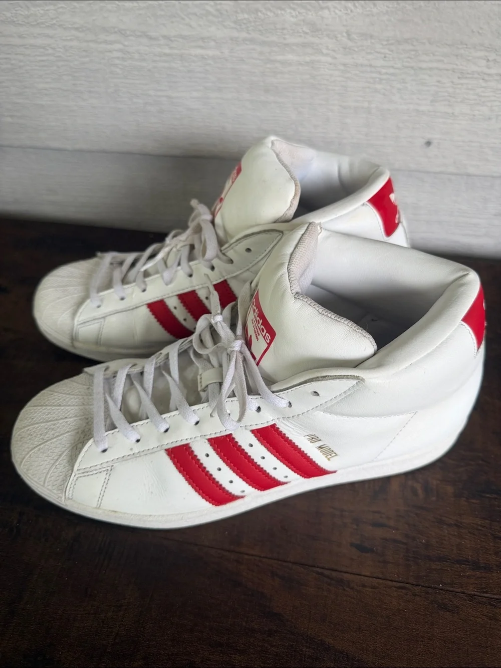 adidas White and Red Mid-Top Sneakers with Shell Toe